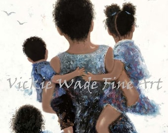 African American Mother Two Daughters and Son Art Print, black mom carrying children, black mom short hair, two girls and boy, Vickie Wade