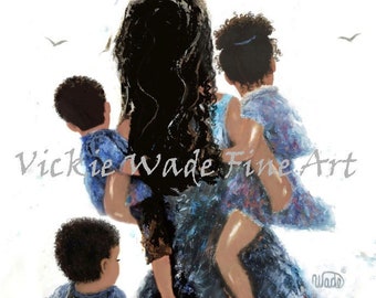 African American Mother Art Print, three children two sons and daughter, black mother wall art , mom carrying two kids, Vickie Wade Art