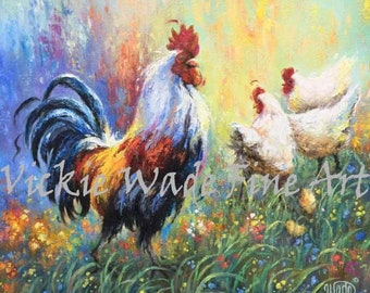 May include: A rooster with a red comb and white feathers stands in a field of green grass and colorful flowers. Two white hens stand behind the rooster. The painting is done in a realistic style with soft brushstrokes.