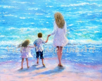Beach Mother Son Daughter Art Print, redhead mom, boy and girl, walking on beach, holding hands blond mom, redhead mom, Vickie Wade Art