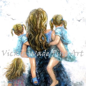 Mother Three Daughters Art Print, mother paintings, blonde mom three girls, carrying daughters, three sisters, gift, girls room, Vickie Wade image 1