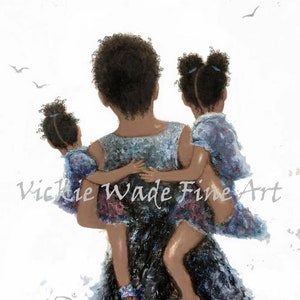 African American Mother Art Print, black mom carrying two girls, Black Mother carrying two daughters, two black sisters', Vickie Wade Art