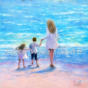 Beach Mother Son Daughter Art Print, redhead mom, boy and girl, walking on beach, holding hands blond mom, redhead mom, Vickie Wade Art