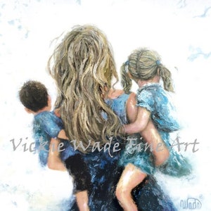 Mother Son and Daughter Art Print, mom, mum, boy and girl, brother and sister, blonde mom carrying two kids, mother gift, Vickie Wade Art