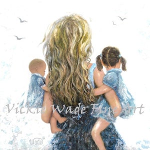 Mother and Two Baby Daughters Art Print, two little sisters, two baby girls, mother carrying baby, mom, mum, Vickie Wade Art