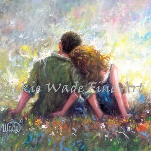 Lovers Couple Art Print, loving couple hugging wall art, romantic art, redhead lady, red hair, gift, married love, sitting, Vickie Wade Art image 2