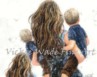 Mother Three Children Art Print, daughter two sons, girl two boys, three kids, mother carrying children, Vickie Wade Art