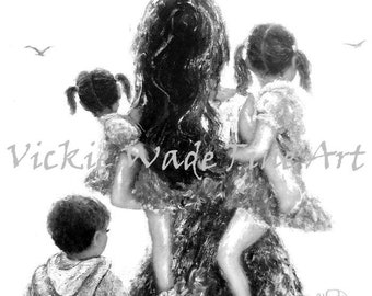 Mother Son Two Daughters Art Print, mother carrying three children, black and white, mother's day gift, brother two sisters, Vickie Wade