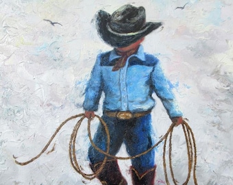 Little Cowboy Art Print, boys room, lasso, little boy, western wall art, black cowboy hat, little cowboy and stick horse art, Vickie Wade