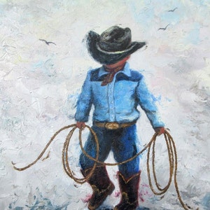 Little Cowboy Art Print, boys room, lasso, little boy, western wall art, black cowboy hat, little cowboy and stick horse art, Vickie Wade