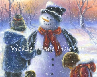 Snowman Art Print, boy and girl in snow, brother and sister, snowman painting, snowman images, snowman wall art, children,Vickie Wade Art