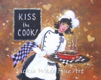 Lady Chef Art Print, girl chef, fat chef paintings, woman waitress, female chef, lady cook, kitchen wall art, wall decor, Vickie Wade art