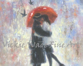 Lámina artística "Besándose bajo la lluvia": Pareja romántica con paraguas rojo