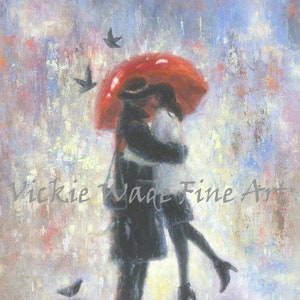 Kissing in Rain Art Print: Romantic Couple with Red Umbrella