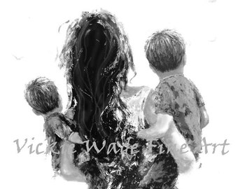 Mother Two Sons Art Print, two boys, two brothers, mother carrying two sons, black and white blue boys room wall art, Vickie Wade Art