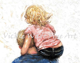 May include: A painting of a father carrying his daughter on his shoulders. The girl has blonde hair and is wearing a pink shirt and blue jeans. The father is wearing a blue shirt. The background is white with a textured look.