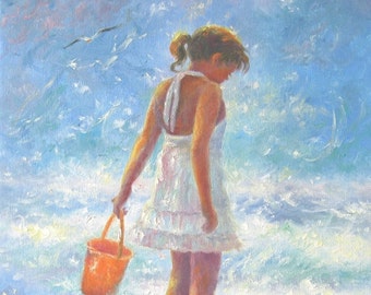 Beach Girl Art Print, figure, girls room, beach paintings, prints, ocean, children, little girl, shelling, seascape, Vickie Wade Art