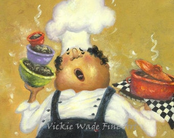 Singing Chef Print, fat chef, kitchen art, paintings, prints, cuisine, food, whimsical, silly, chefs, Vickie Wade Art