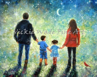 Twilight Walk with Mom and Dad, son and daughter, boy and girl, brother and sister, starry night, moon, stars, celestial, Vickie Wade