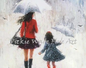 Mother and Daughter Art Print, mothers day gift, mother paintings, umbrellas, mom, daughter paintings rain art, Vickie Wade art