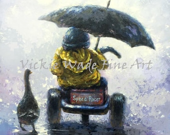 Little Boy Art Print little boy in rain kids wall art, three wheeler, trike, bike, boy art, duck, rain, childrens wall art, Vickie Wade Art