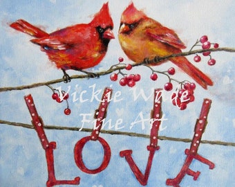 Cardinals Love Art Print, cardinal bird paintings, red birds, valentine's day, cardinals wall art, Christmas birds, lovers, Vickie Wade Art