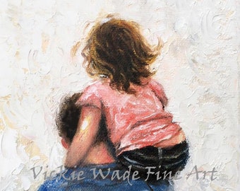 Father Daughter Art Print, dad daughter paintings, dad carrying daughter on his shoulder, father gift, father's day gift, Vickie Wade Art
