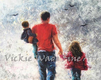Father Son and Daughter Art Print, dad carrying son holding daughter's hand, african american dad, hispanic dad wall art, Vickie Wade