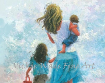 Mother Art Print, beach mother wall art, mother painting, mom beach art, beach mom blue, big sister little brother, Vickie Wade Art