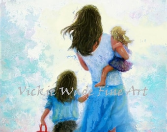 Mother Two Daughters Beach Art Print, two sisters, brunette and blond girls beach mom, brunette mother wall decor, beach art,Vickie Wade Art