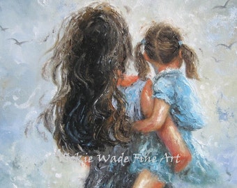 Mother Daughter Art Print, mother paintings, mom, little brunette girl, mother's day gift, girls room, blue gray wall decor, Vickie Wade