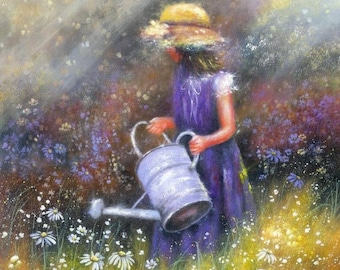 Girl in Garden Art Print, little country girl watering flowers, watering can, flower garden girl, tending wildflowers art, Vickie Wade Art