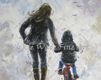 Mother and Son Art Print, boy wall art, first bike ride, mom, boys room, boy on bike wall art, navy prints, training wheels, Vickie Wade