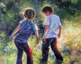 Boy and Girl ORIGINAL Painting, brother and sister, dancing, country kids, playing outdoors, girl with braids, kids dancing, Vickie Wade art