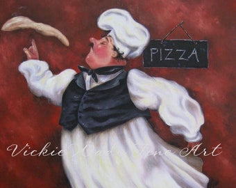 Fat Chefs Art Print, Pizza Chef kitchen wall decor, chef art, chef paintings, fat chef paintings, art, kitchen art, Vickie Wade art