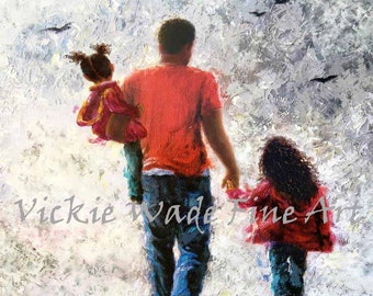 African American Father Two Daughters Art Print two black girls, two black sisters, black wall art, father carrying daughter Vickie Wade Art