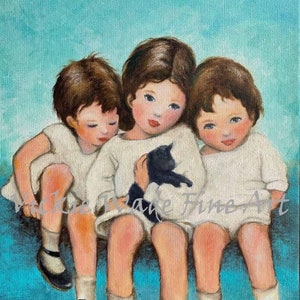 Three Children Original Oil Painting, cuddles, sitting together snuggling, black kitten on lap, aqua blue, Vickie Wade Art