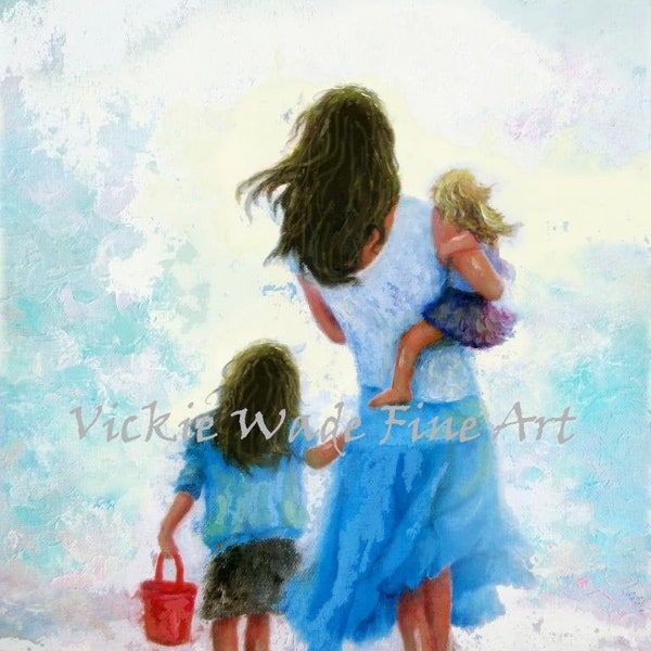 Madre due figlie Beach Art Print, due sorelle, ragazze brune e bionde mamma da spiaggia, decorazione da parete madre bruna, arte da spiaggia, Vickie Wade Art