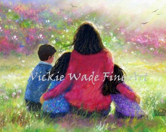 Mother Son and Two Daughters Art Print, three children, brother and two sisters, boy and two girls, mother's day wall art, Vickie Wade Art