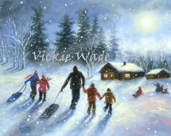 Snow Sledding Art Print winter cabin, snowy cabin, family painting, children, snow kids paintings, Vickie Wade Art