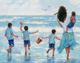 Mother Four Boys Beach Art Print, four brothers, mom, four sons, beach boys paintings, beach children, beach boys prints, Vickie Wade Art