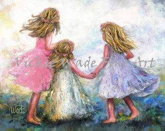 Three Sisters Art Print, drie blonde meisjes, blondines, drie blonde dochters, ring rond de roze zak vol posies Vickie Wade Art