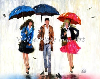 Two Rain Girls and a Guy Art Print, two sisters and brother, walking in rain, umbrellas, three siblings, two ladies one man, Vickie Wade Art