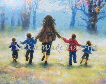 Mother Two Sons Two Daughters Art Print, four children, two boys two girls mom, twin girls wall art, mother's day gift, Vickie Wade Art