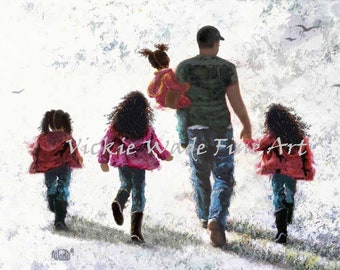 African American Father and Four Daughters Art Print, black dad four daughters, four black girls walking with dad, Vickie Wade Art