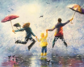 Family Art Print, mother father son, singing in the rain, mom dad one son, family leaping splashing in rain painting, Vickie Wade Art