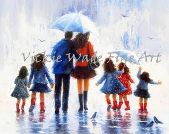 Five Sisters Art Print, five daughters, five girls walking in rain, family five daughters, mother father five girls rain, Vickie Wade Art