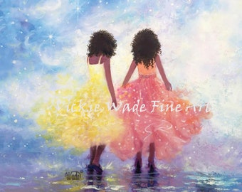 African American Art Print two sisters, fashion girls, two black sisters pretty spring dresses, two black ladies, Vickie Wade Art.