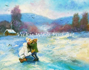 Mother and Son Snow Hugs Art Print, winter snowscene, snowy meadow, Christmas art, mother hugging son, Vickie Wade Art.