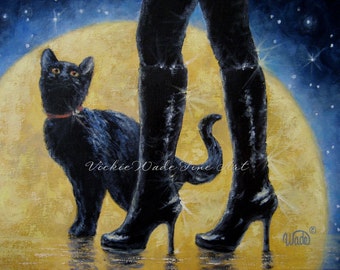 Halloween Moon Walk Painting ORIGINAL, black cat paintings, sexy black boots, full moon, goth wall art, black, navy, gold, Vickie Wade art